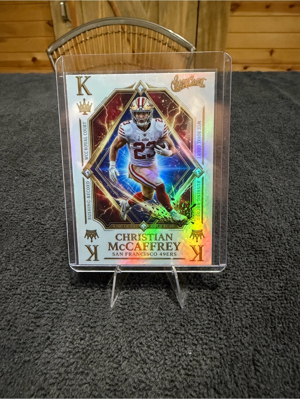 Leaf Gold Rushing Christian McCaffrey NFL Trading Card - White/Red